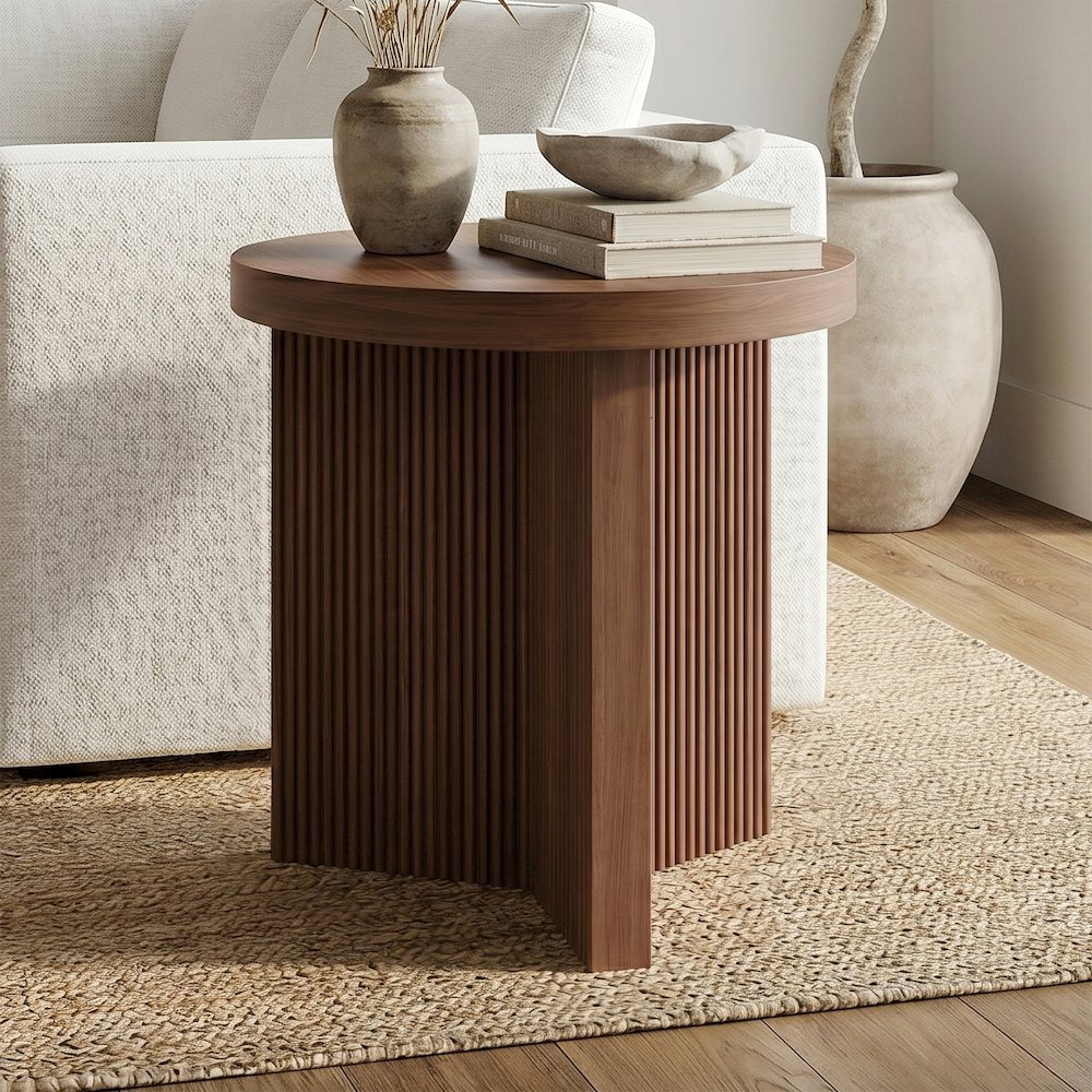 Henn&Hart 22'' Fluted Scandinavian Round End Table Ribbed Side Table, Nightstand. Picture 4