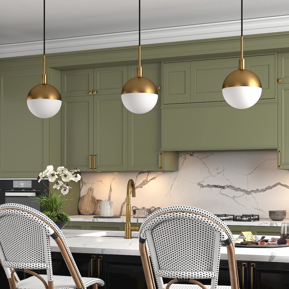 8" Pendant Light Fixture with White Milk Glass Globe Shade and 8' Cord, Gold. Picture 5