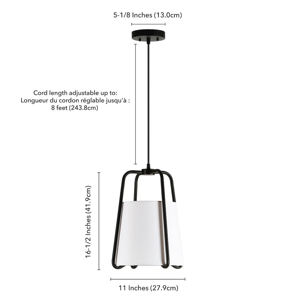 11" Mid-Century Pendant Light Fixture with White Fabric Shade and 8' Cord, Black. Picture 7