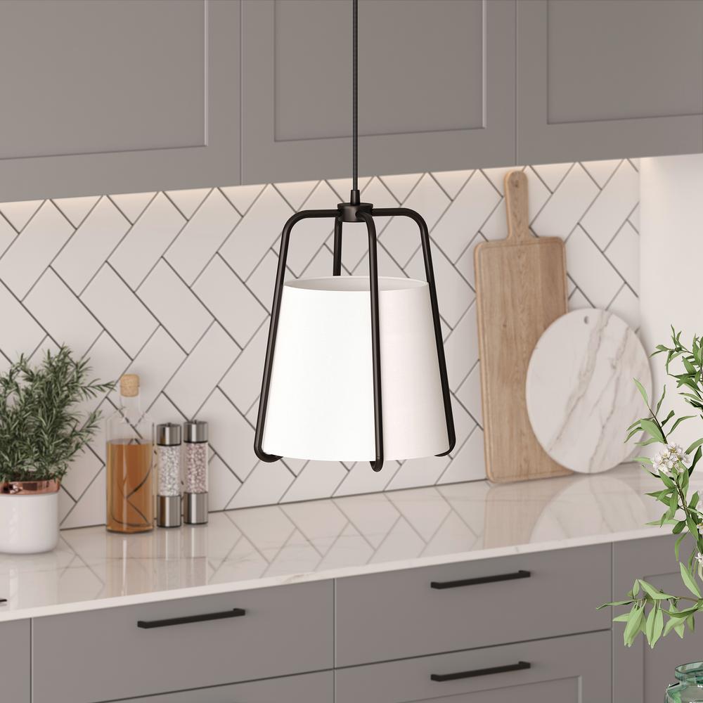 Marduk 11" Wide Pendant with Fabric Shade in Blackened Bronze/White. Picture 2