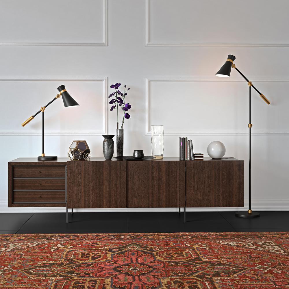 Rex Two-Tone/Height-Adjustable Floor Lamp with Metal Shade in Black/Brass/Black. Picture 4