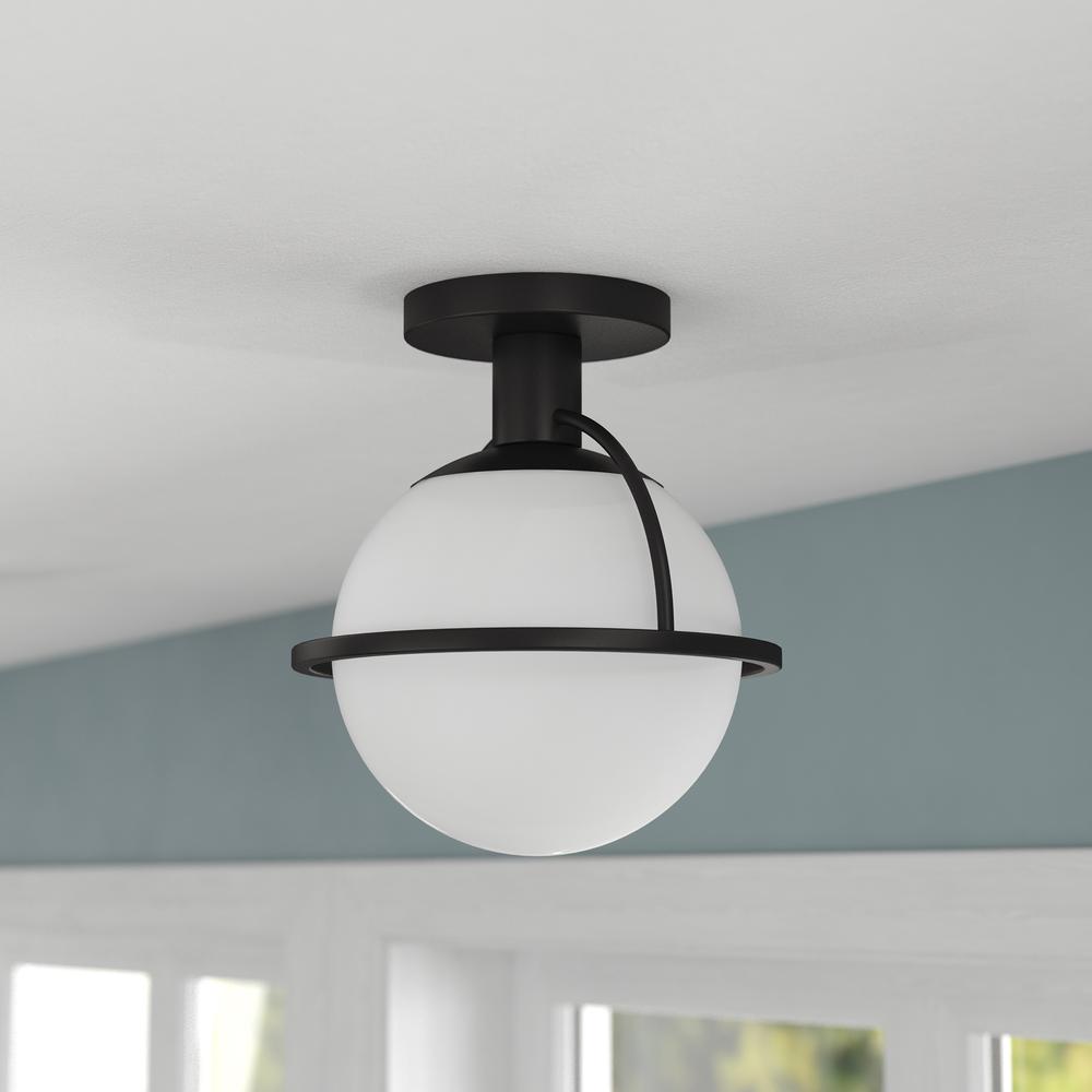 Cieonna 9.25" Wide Semi Flush Mount with Glass Shade in Blackened Bronze/White. Picture 2