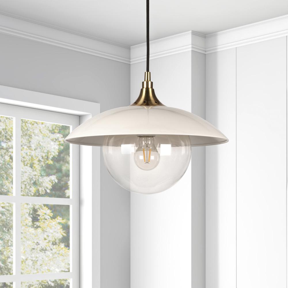 Alvia 14.5" Wide Pendant with Metal/Glass Shade in Pearled White/Brass/Pearled White. Picture 3