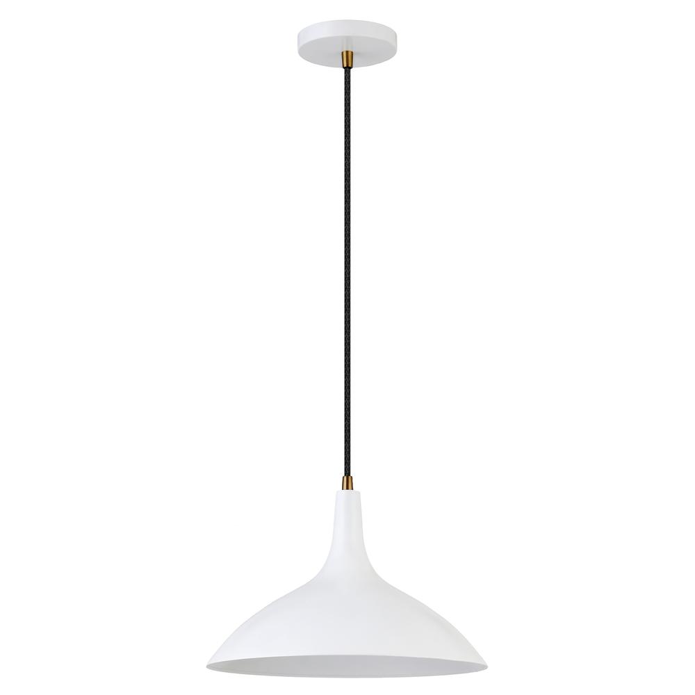 Barton 14" Wide Pendant with Metal Shade in Matte White/Brass/Matte White. Picture 1