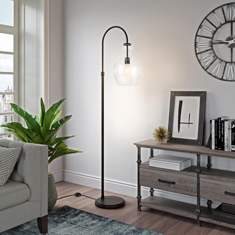 Verona Arc Floor Lamp with Glass Shade in Blackened Bronze/Clear. Picture 3