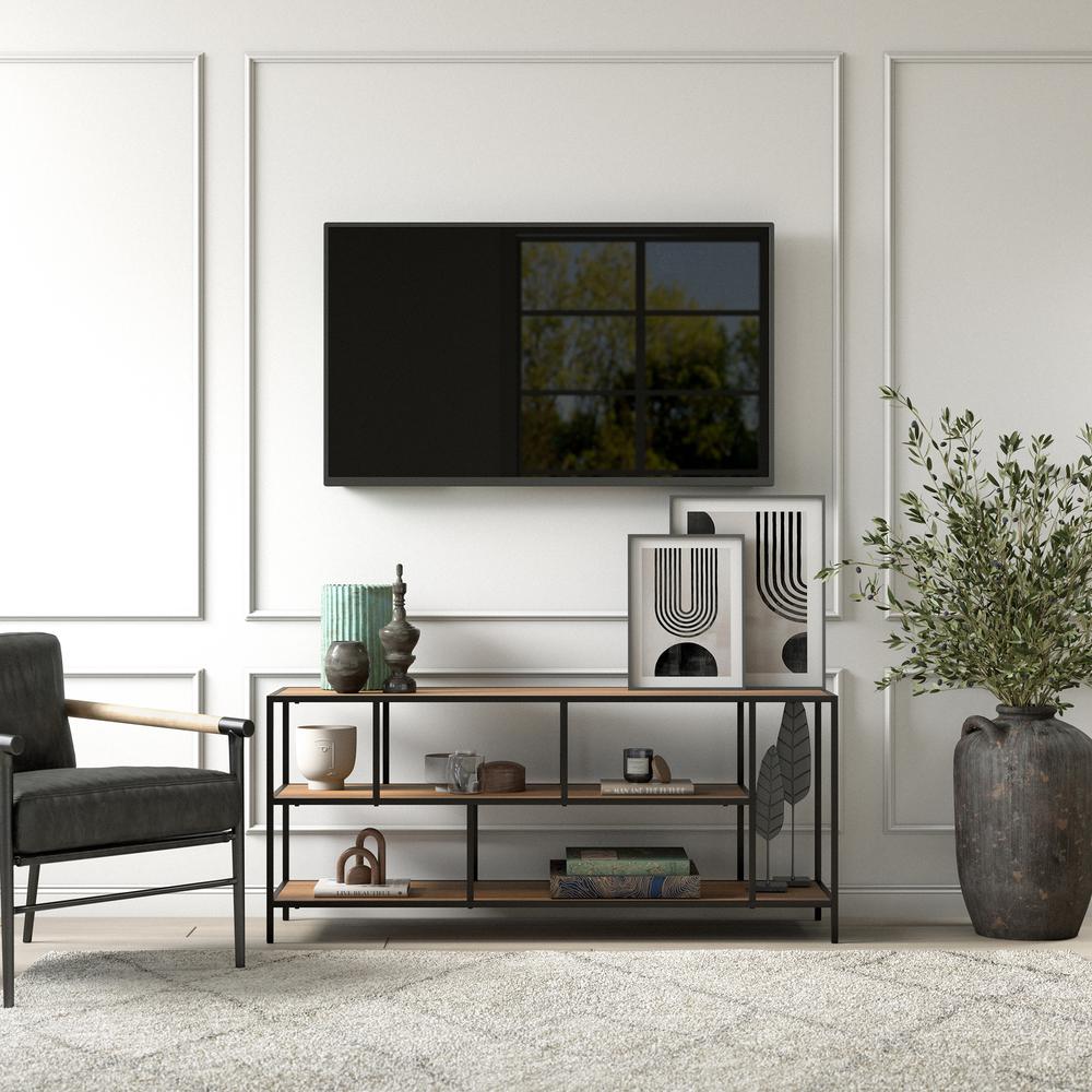 Winthrop Rectangular TV Stand with Metal Shelves for TV's up to 60" in Blackened Bronze/Rustic Oak. Picture 4