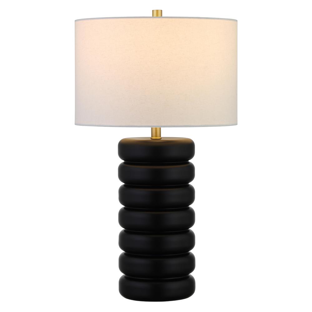 Zelda 25" Tall Ceramic Bubble Body Table Lamp with Fabric Shade in Matte Black/Brass/White. Picture 3