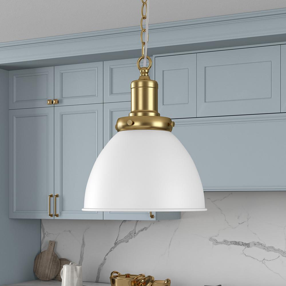 Elodie 12" Wide Pendant with Metal Shade in Matte White/Brass/Matte White. Picture 3