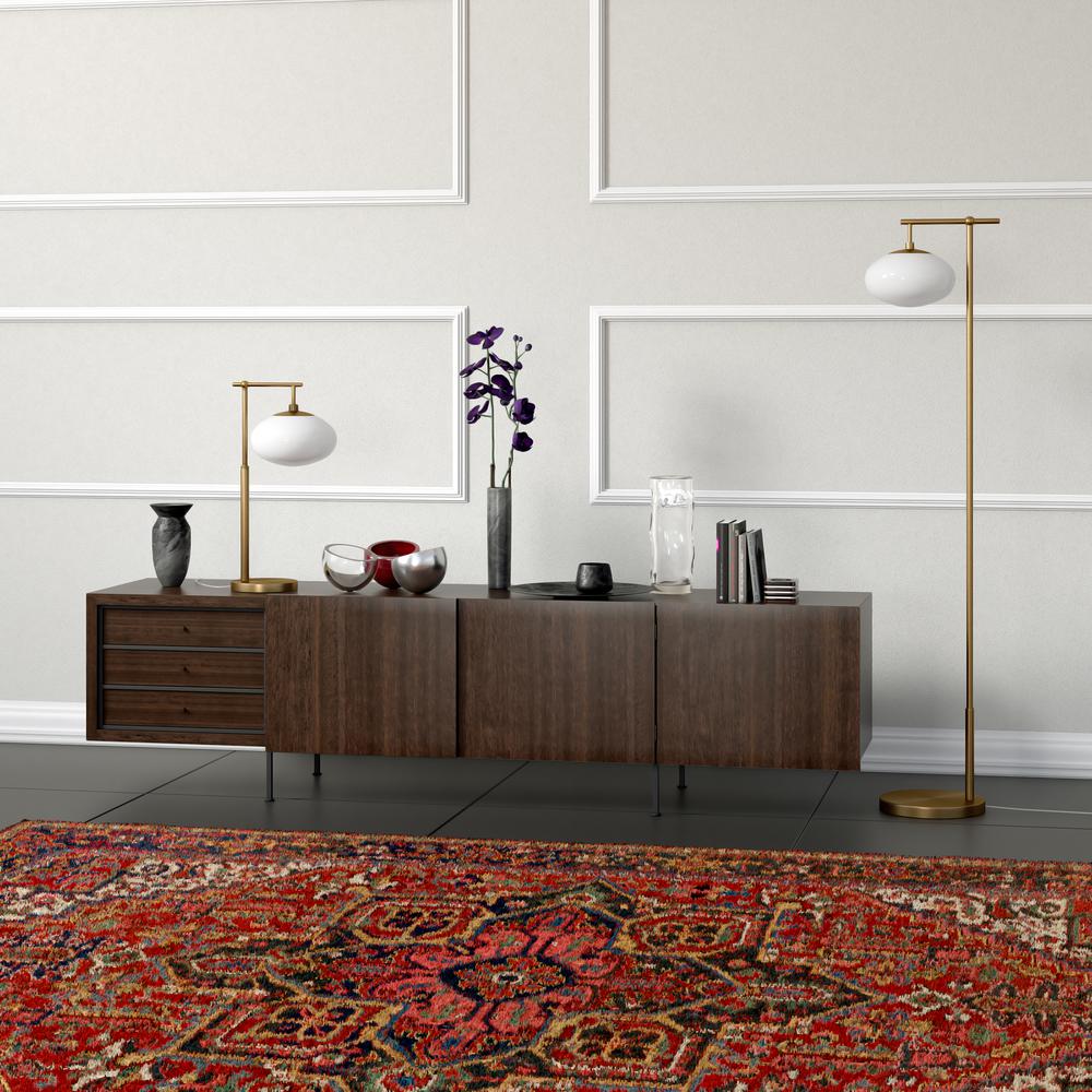 Blume 25" Tall Arc Table Lamp with Glass Shade in Brushed Brass/White Milk. Picture 5