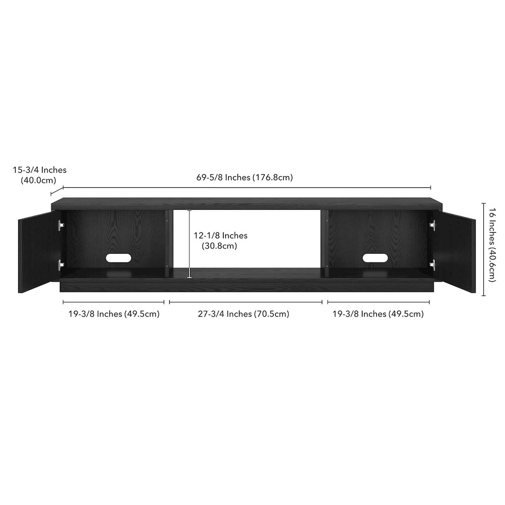 Fluted TV Stand for TVs up to 78", 2 Side Cabinets, Center Storage, Black. Picture 5