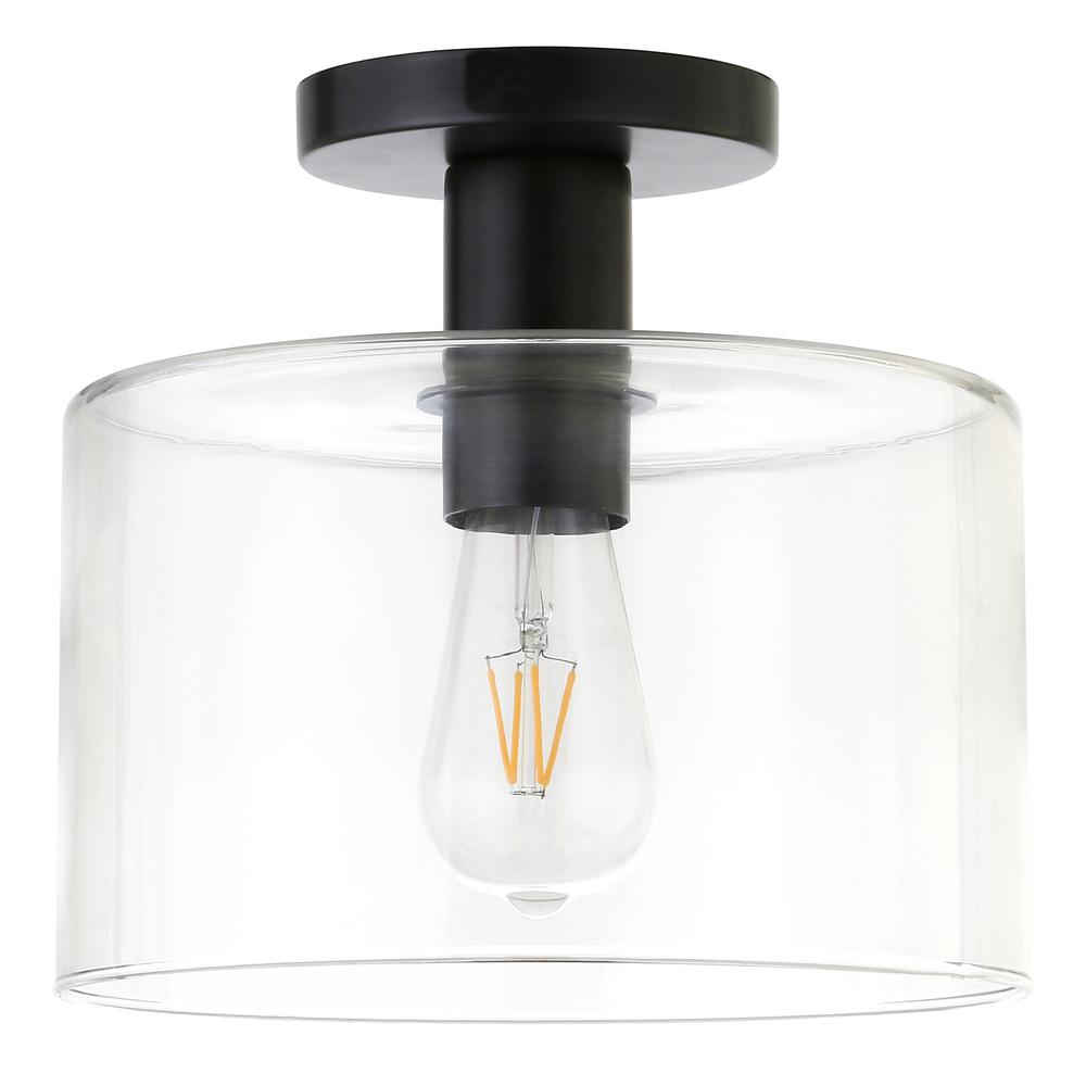 Henri 10" Wide Semi Flush Mount with Glass Shade in Matte Black/Clear. Picture 1
