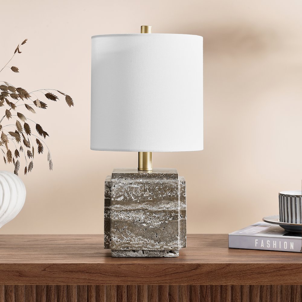 Pacha 16" Tall Stone Table Lamp with Fabric Shade in Gray Veined Travertine. Picture 3