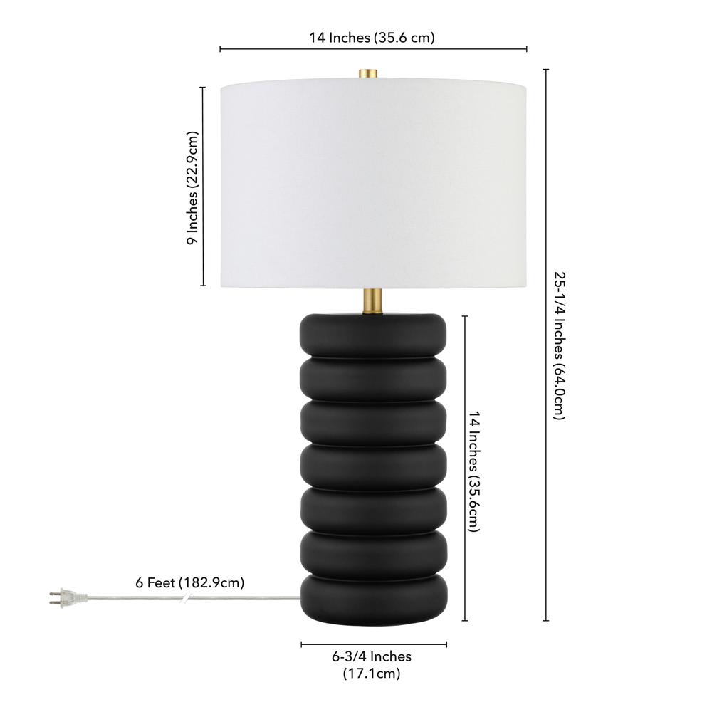 Zelda 25" Tall Ceramic Bubble Body Table Lamp with Fabric Shade in Matte Black/Brass/White. Picture 5