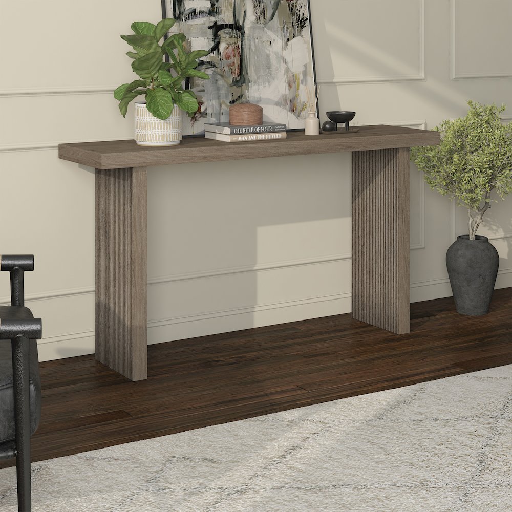 Soren 55" Wide Rectangular Console Table in Antiqued Gray Oak. Picture 4