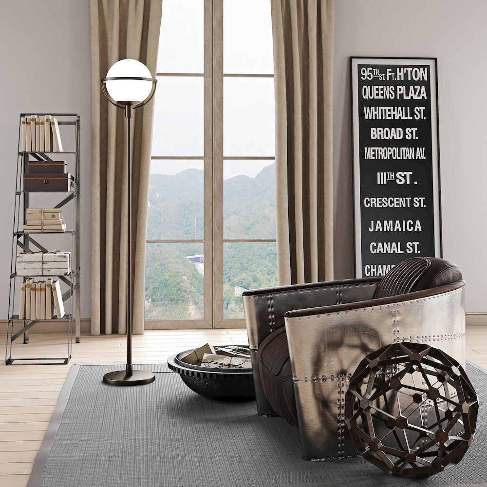 Cieonna Globe & Stem Floor Lamp with Glass Shade in Blackened Bronze/White. Picture 3