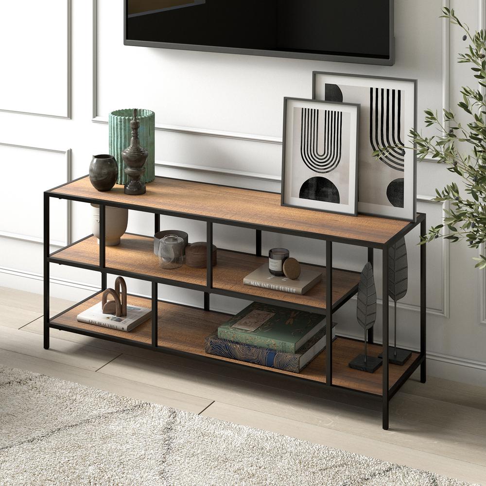 Winthrop Rectangular TV Stand with Metal Shelves for TV's up to 60" in Blackened Bronze/Rustic Oak. Picture 2