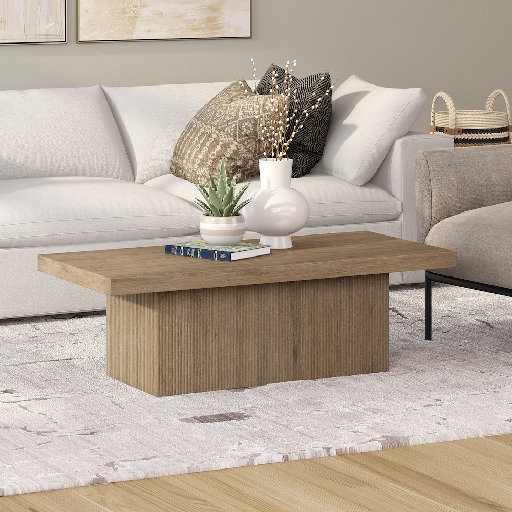 Torren 48" Wide Rectangular Coffee Table in Antiqued Gray Oak. Picture 3