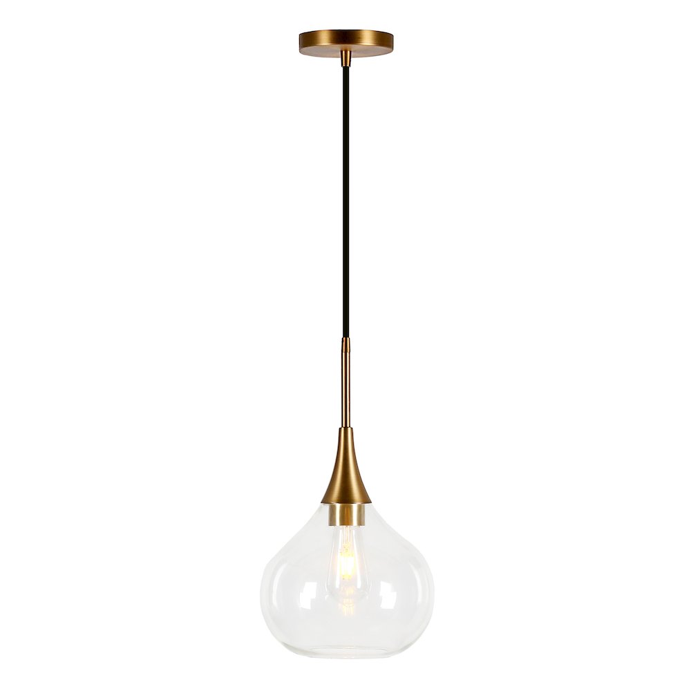 9" Mid-Century Pendant Light Fixture with Clear Glass Shade and 8' Cord, Gold. Picture 3