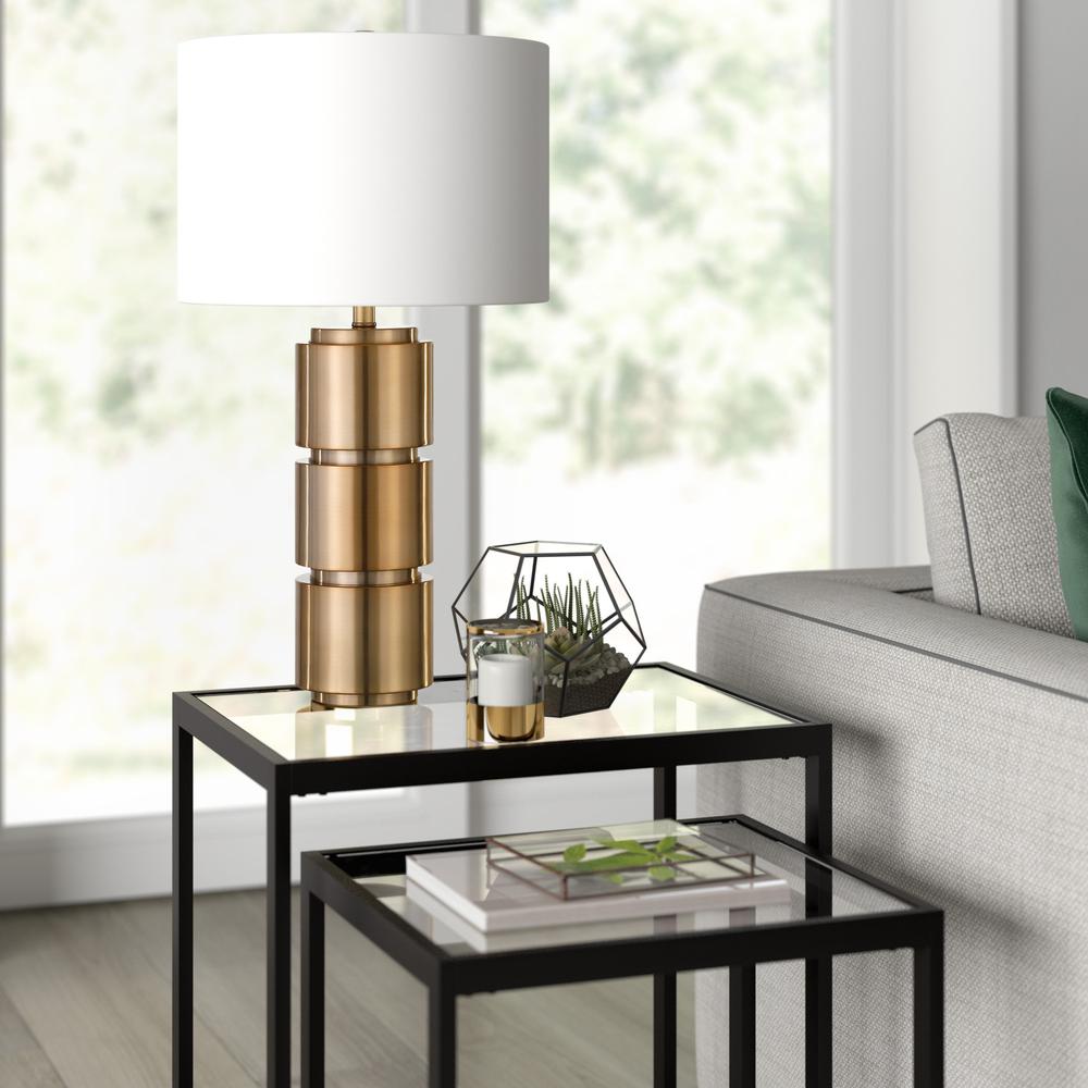 Campbell 27" Tall Table Lamp with Fabric Shade in Brass/White. Picture 3