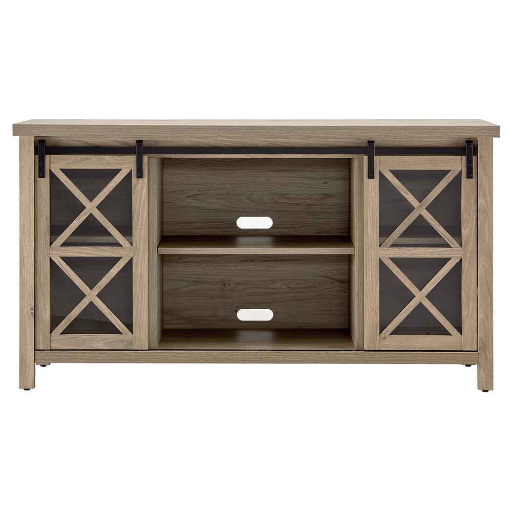 Clementine Rectangular TV Stand for TV's up to 65" in Antiqued Gray Oak. Picture 3