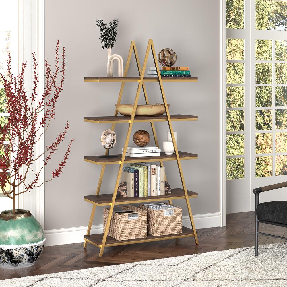 Conry 68'' Tall A-Frame Bookcase in Gold/Walnut. Picture 2