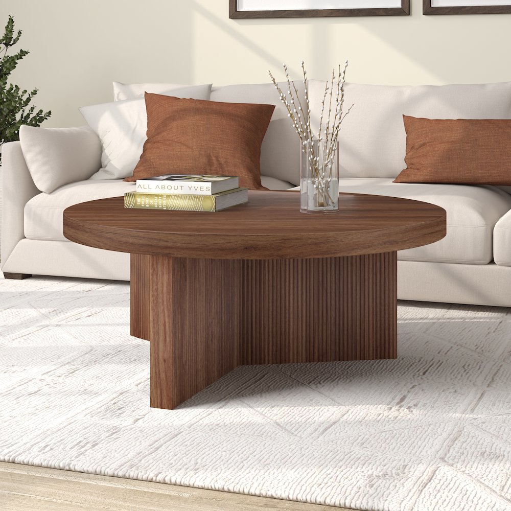 Holm 36" Wide Round Coffee Table in Satin Walnut. Picture 3