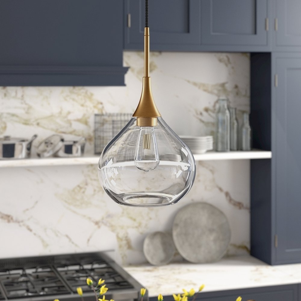 9" Mid-Century Pendant Light Fixture with Clear Glass Shade and 8' Cord, Gold. Picture 2