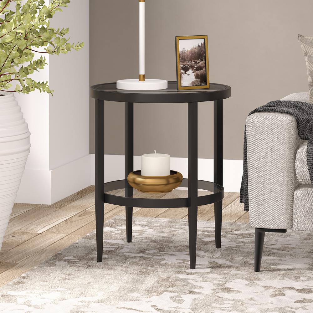 Hera 19.63'' Wide Round Side Table with Clear Glass Shelf in Blackened Bronze. Picture 2
