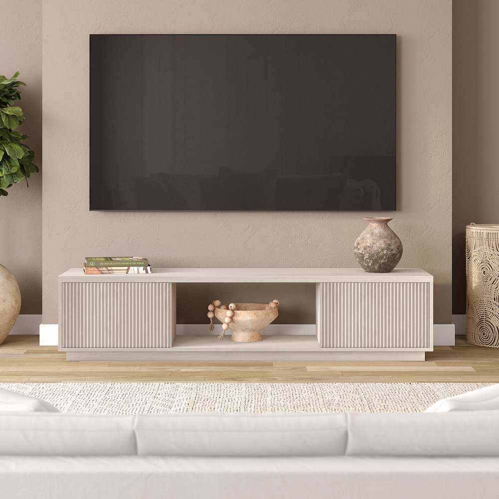 Fluted TV Stand for TVs up to 78", 2 Side Cabinets, Center Storage, Alder White. Picture 3