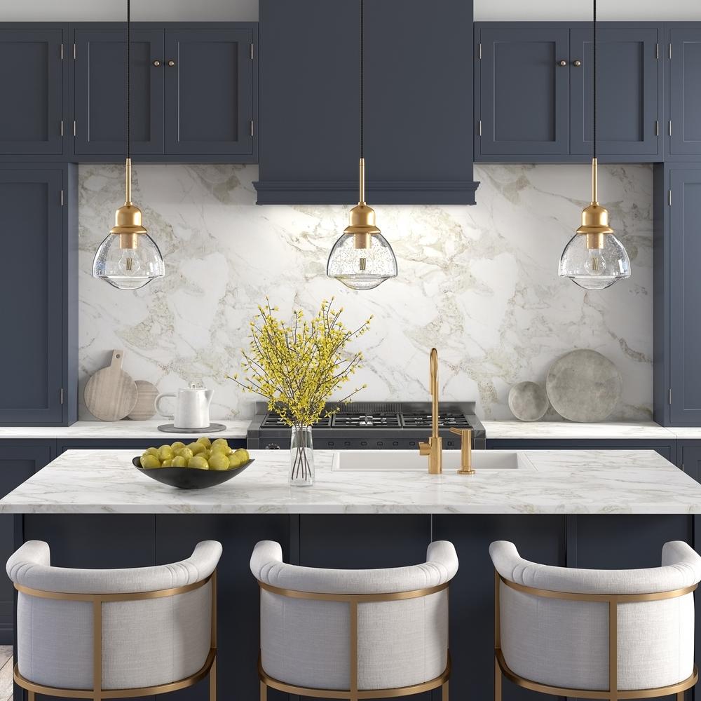 Brooks 8.12" Wide Pendant with Glass Shade in Brass/Seeded. Picture 4