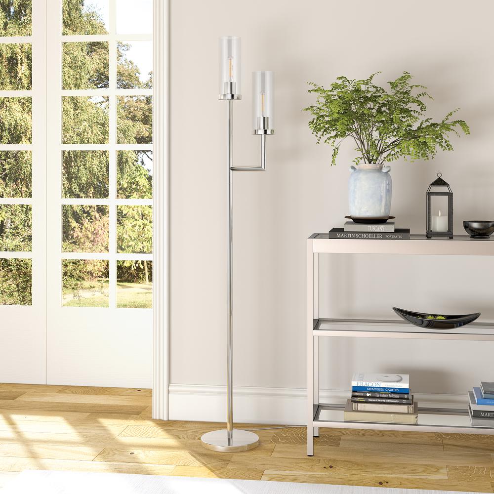 Basso 2-Light Torchiere Floor Lamp with Glass Shade in Polished Nickel/Clear. Picture 2