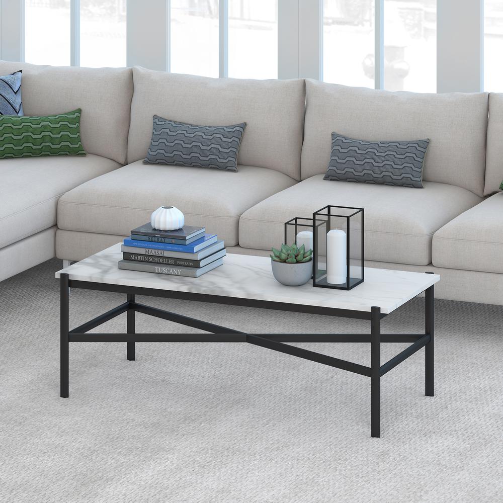Braxton 46'' Wide Rectangular Coffee Table with Faux Marble Top in Blackened Bronze. Picture 2