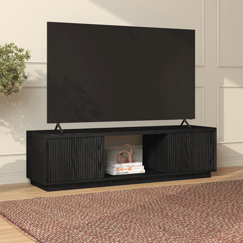 Fluted TV Stand for TVs up to 65", 2 Cabinets, Open Storage, Black. Picture 4