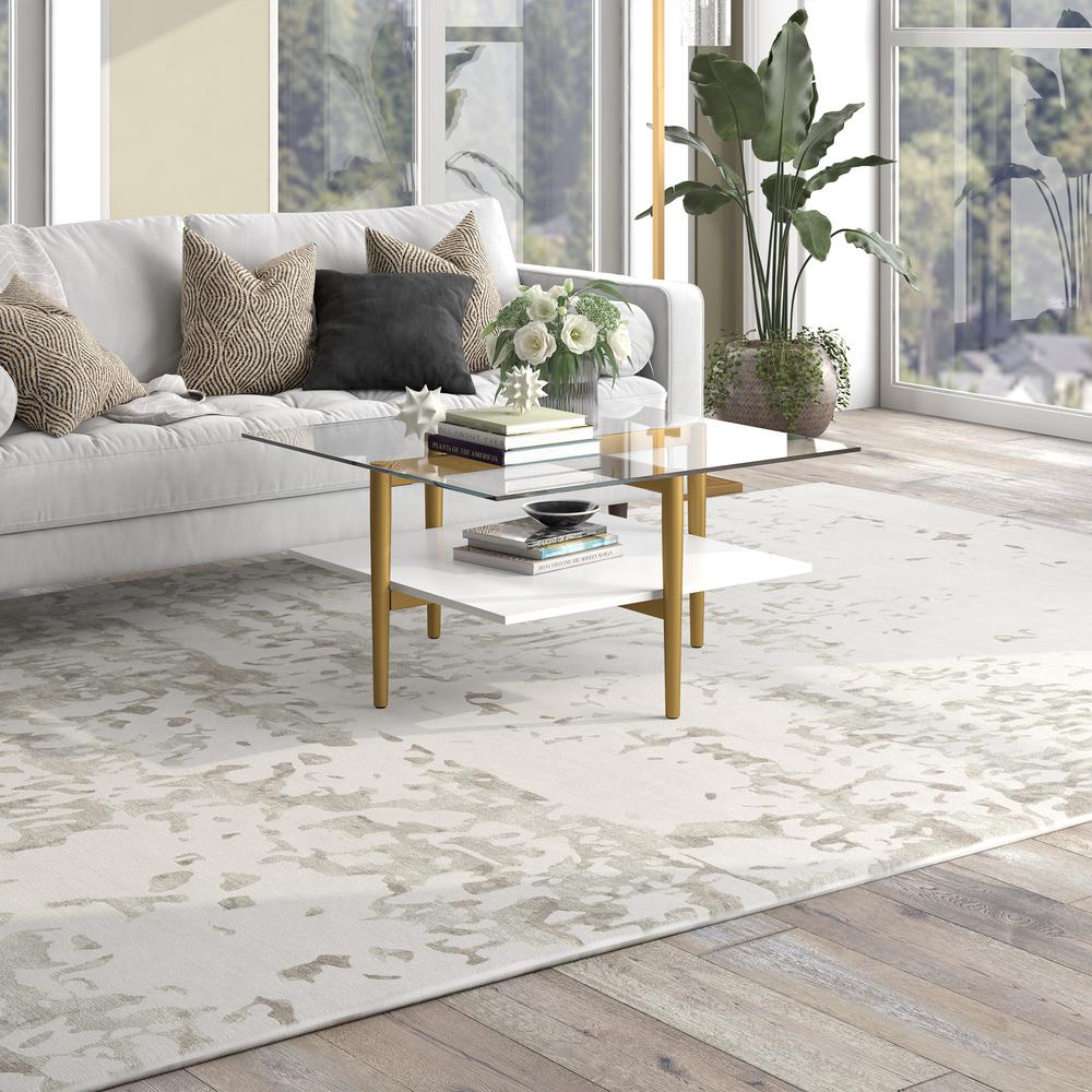 Otto 32" Wide Square Coffee Table with White Lacquer Shelf in Brass. Picture 4