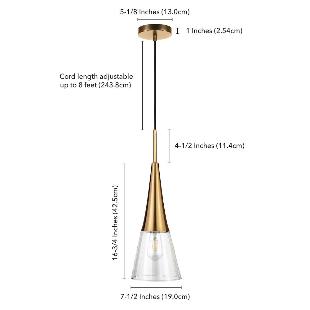 7'' Modern Pendant Light Fixture with Clear Glass Cone Shade and 8' Cord, Gold. Picture 8