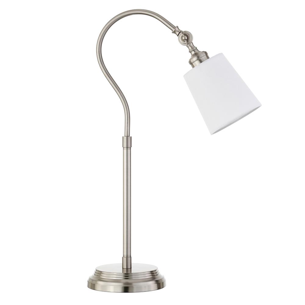 Harland 25" Tall Arc Table Lamp with Fabric Shade in Brushed Nickel/White. Picture 1