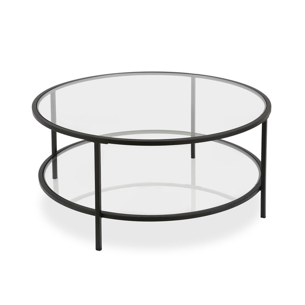 Sivil 36'' Wide Round Coffee Table with Glass Top in Blackened Bronze. Picture 1