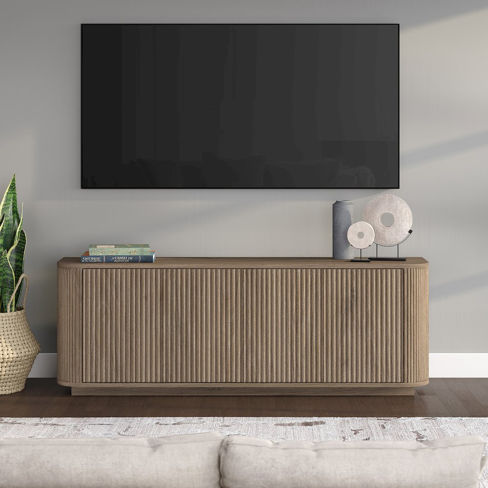 Canton Rectangular TV Stand for TV's up to 75" in Antiqued Gray Oak. Picture 3