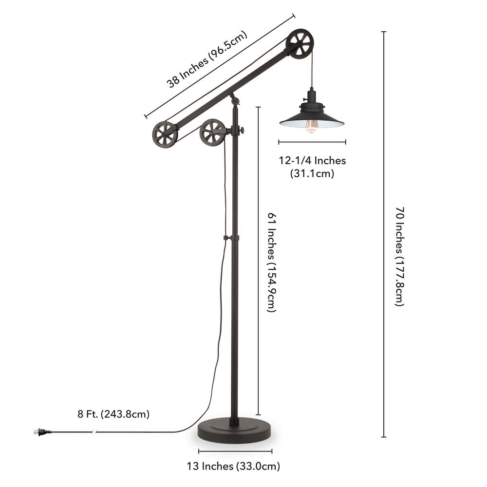 Descartes Wide Brim/Pulley System Floor Lamp with Metal Shade in Blackened Bronze/Blackened Bronze. Picture 4