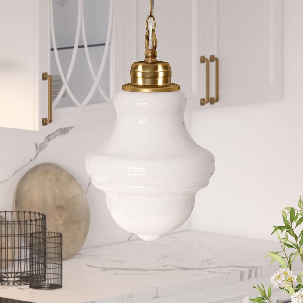 Annie 9.13" Wide Pendant with Glass Shade in Brass/White Milk. Picture 2