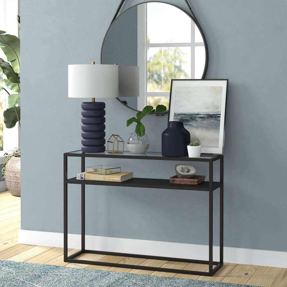 Zelda 25" Tall Ceramic Bubble Body Table Lamp with Fabric Shade in Matte Navy/Brass/White. Picture 4