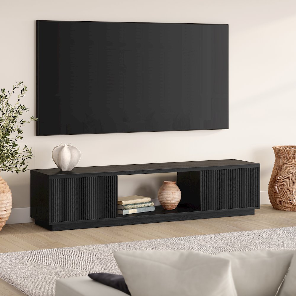 Fluted TV Stand for TVs up to 78", 2 Side Cabinets, Center Storage, Black. Picture 4