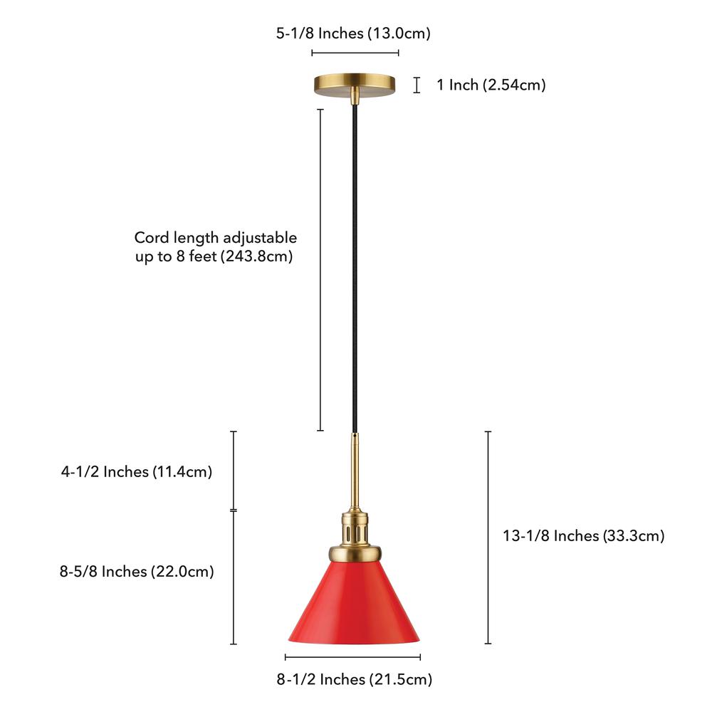Zeno 8.5" Wide Pendant with Metal Shade in Poppy Red/Brass/Poppy Red. Picture 5