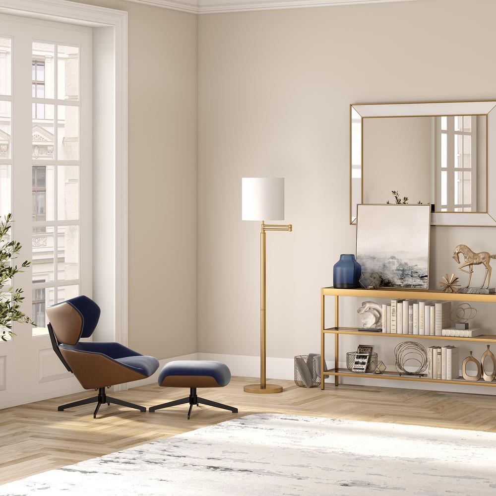Moby Swing Arm Floor Lamp with Fabric Drum Shade in Brass/White. Picture 4