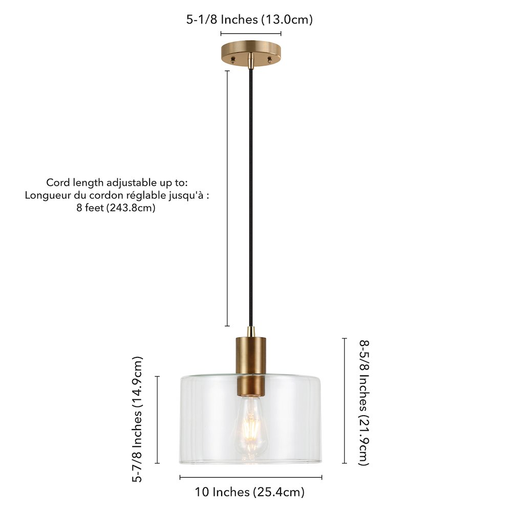 10" Pendant Light Fixture with Clear Glass Shade and 8' Adjustable Cord, Gold. Picture 8