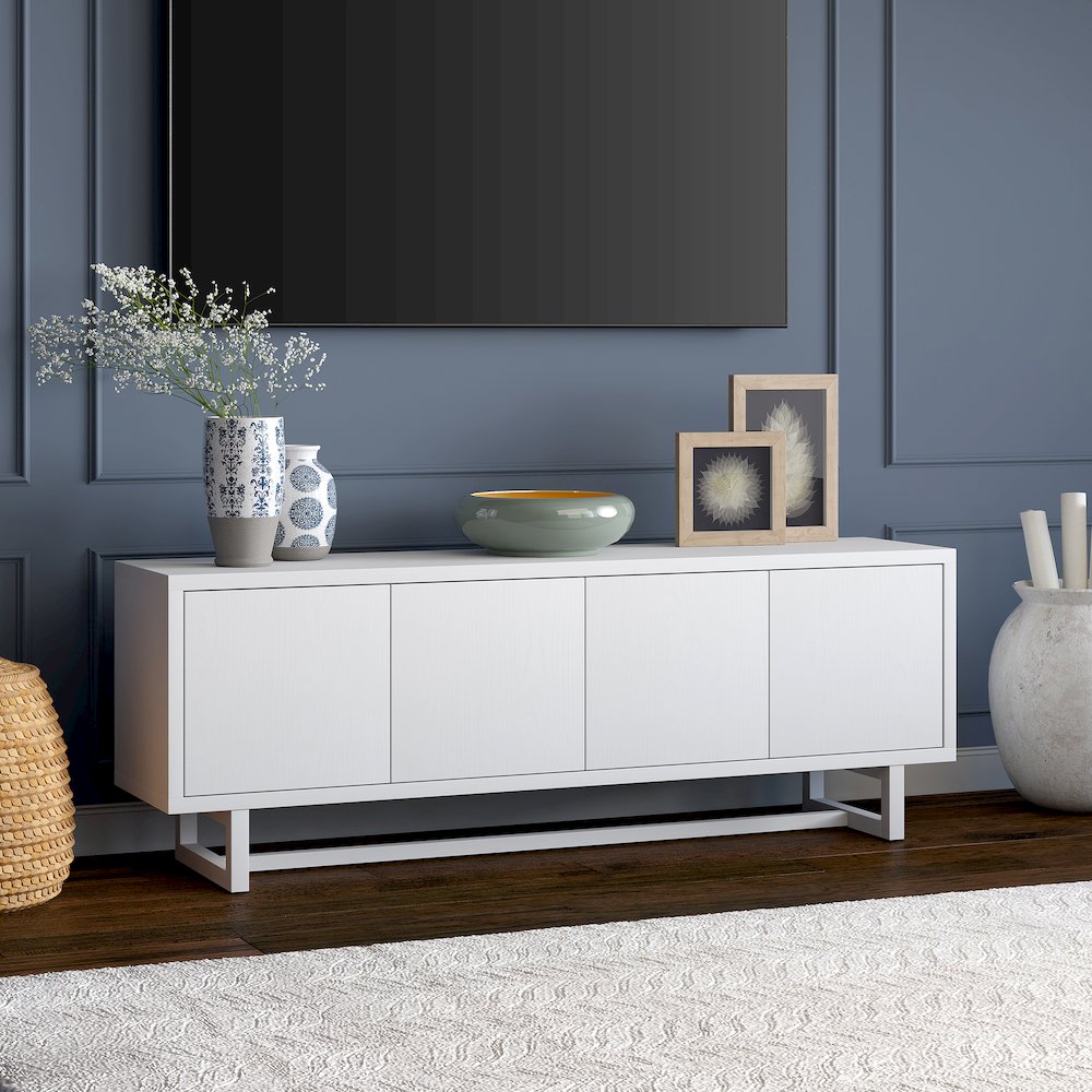 TV Stand for TVs up to 75'',  2 Cabinets, Shelves, Cable Cut-outs, Cloud White. Picture 5
