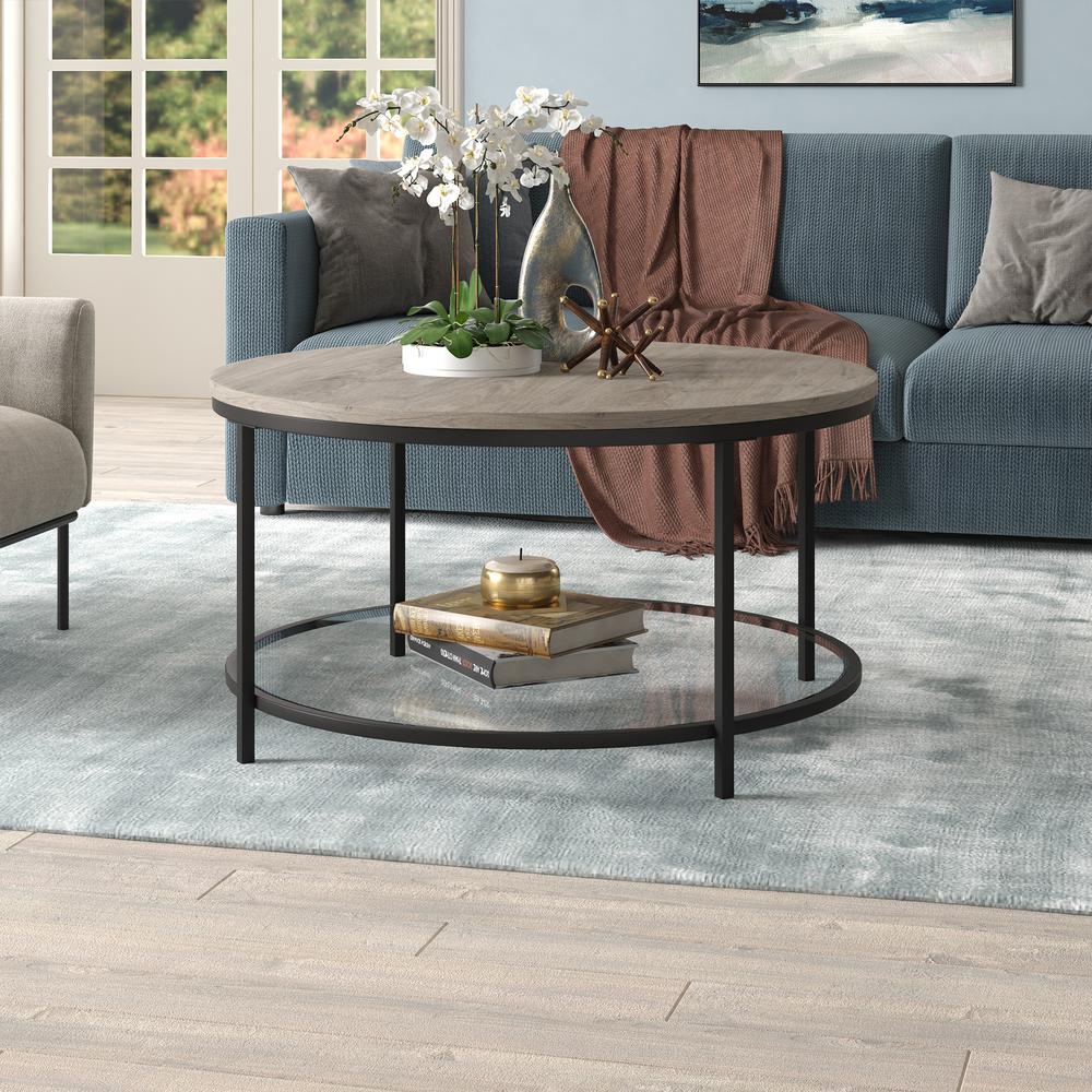 Sevilla 32'' Wide Round Coffee Table with MDF Top and Glass Shelf. Picture 4