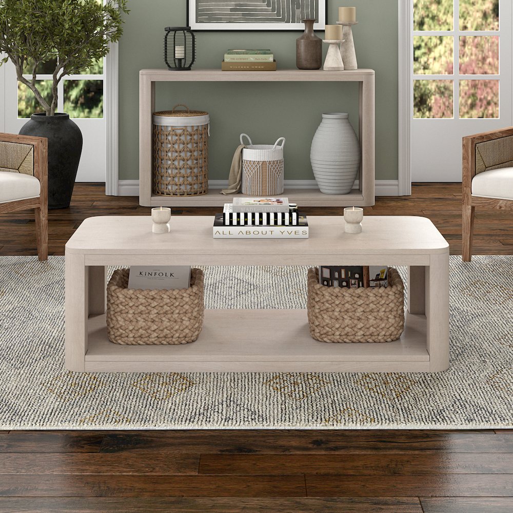 Kellan 47" Wide Rectangular Coffee Table in Alder White. Picture 4