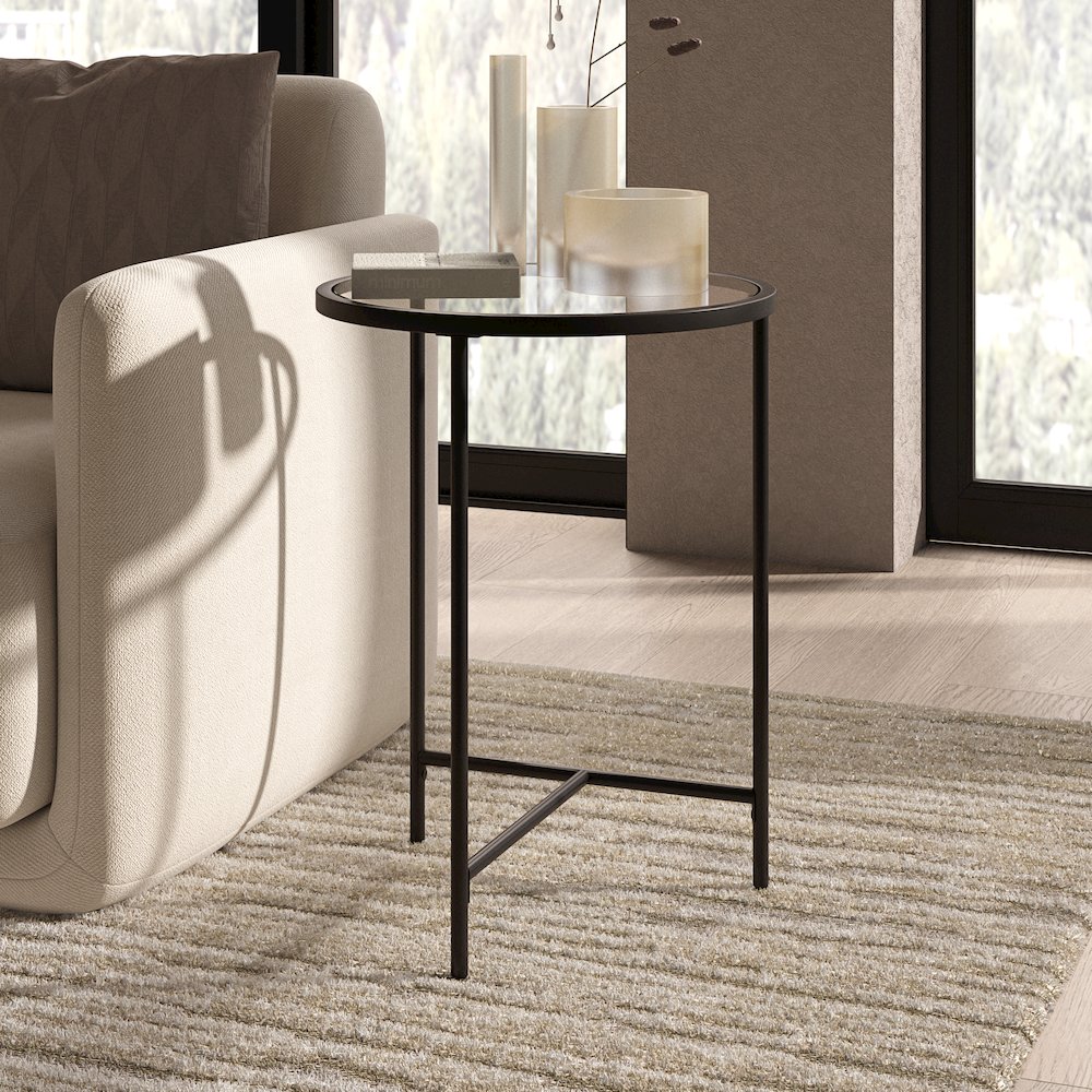 18'' Round Glass End Table Modern Side Table, Night Stand, Black. Picture 2