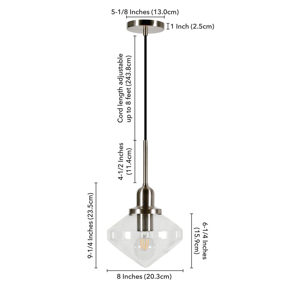 Zariza 8" Wide Pendant with Glass Shade in Brushed Nickel /Clear. Picture 4